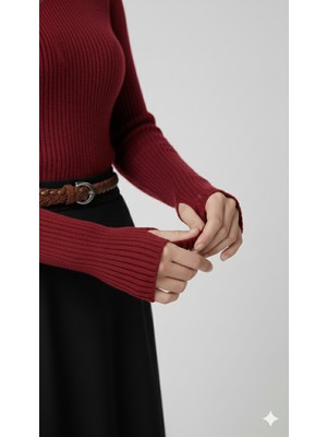 Kadın Boğazlı Likralı Triko Badi – Parmak Geçmeli Kol, Tek BEDEN,100% Akrilik