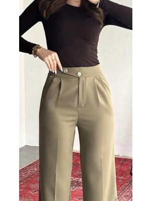 Asfa Moda Kadın Haki Yüksek Bel Pileli Bol Paça Beli Lastikli Kore Model Kumaş Pantolon