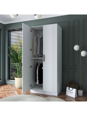 Rani BA179 Membran Kapaklı Gardırop Raflı 2 Askılı 2 Kapaklı Elbise Dolabı Beyaz