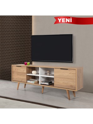 EVMO Home 3621 Sina Tv Ünitesi 160 cm ( Ahşap Ayaklı , Metal Kulplu ) Sepet - Beyaz