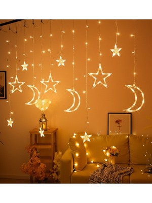 İhvan Online Dekoratif Ay Yıldız Perde LED Işık – 8 Fonksiyonlu Gün Işığı Ramazan Süslemesi
