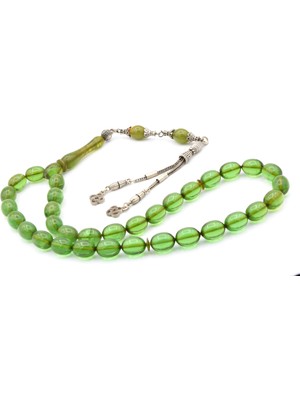 Murty99 Gümüş Kaplama Püsküllü Beyzi Kesim Yeşil Sıkma Kehribar Tesbih