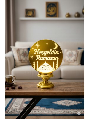 Hoşgeldin Ramazan Yazılı Işıklı Dekoratif Masa Lambası - Gold Pleksi Islami Hediyelik