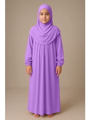 Sonbahar Moda Kız Çocuk Tesettür Elbisesi Tek Parça Namaz Kıyafeti Tak Çıkar Başörtülü Pamuklu Lastikli Kolu