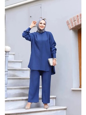 Tesettür Diyarı Modal Kumaş Gömlek Pantolon Oversize Tesettür Takım- Lacivert
