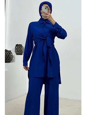 Tesettür Diyarı Önden Bağlamalı Medine Kumaş Çımalı Pantolon Tunik Tesettür Takım- Saks Mavi