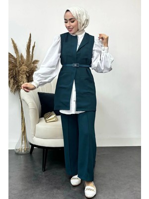 Tesettür Diyarı Krep Kumaş Kemerli Yelekli Tesettür Takım- Koyu Petrol