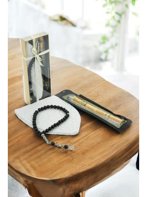 İhvan Online Misvaklı Tesbihli Namaz Takkesi Erkek Hac Umre Hediyelik Seti - Beyaz