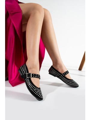 ModaOnn  Siyah Süet Yuvarlak Burunlu Ortapedik Taşlı Baretli Düz Tabanlı Babet