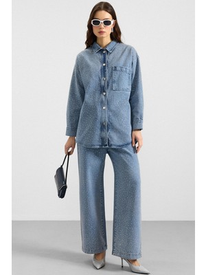 Olcay Taş Bezeli Ceket Pantolon Denim Ikili Takım Açık Mavi 9387-TK