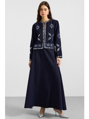 Olcay Pul ve Nakış Detaylı Etek Ceket Denim Ikili Takım Lacivert 9388-TK