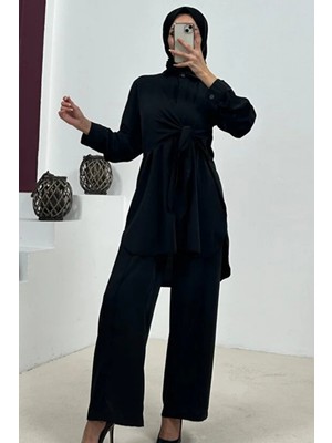 Tesettür Diyarı Önden Bağlamalı Medine Kumaş Çımalı Pantolon Tunik Tesettür Takım- Siyah