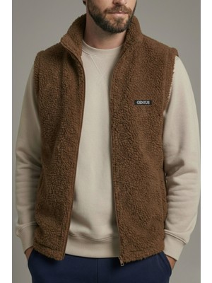 Genius Store Erkek Yelek Içi Şardonlu Sherpa Peluş Yelek Tam Fermuarlı Cepli  Kuzu Outdoor Yelek