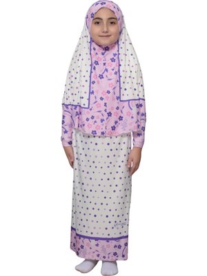 Altobeh Çocuk Namaz Takımı Pratik Iki Parça Desenli Kollu Tak Çıkar Başörtülü Likralı Tesettür Elbise (6-12 Yaş) 901-0401