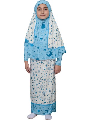 Altobeh Çocuk Namaz Takımı Pratik Iki Parça Desenli Kollu Tak Çıkar Başörtülü Likralı Tesettür Elbise (6-12 Yaş) 901-0301