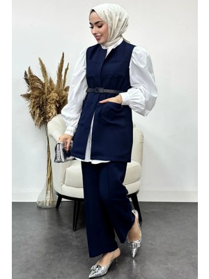 Tesettür Diyarı Krep Kumaş Kemerli Yelekli Tesettür Takım- Lacivert