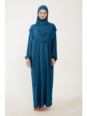 Sonbahar Moda Kadın Tesettür Pamuklu Başörtülü Namaz Elbisesi Dantelli Tek Parça Penye Kumaş