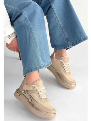 Shoegar Junda Bej Cilt Bağcıklı Spor Ayakkabı