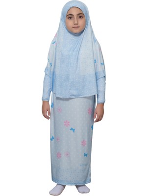 Altobeh Çocuk Namaz Takımı Pratik Iki Parça Desenli Kollu Tak Çıkar Başörtülü Likralı Tesettür Elbise (6-12 Yaş) 901-0102