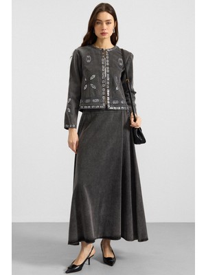 Olcay Pul ve Nakış Detaylı Etek Ceket Denim Ikili Takım Gri 9388-TK