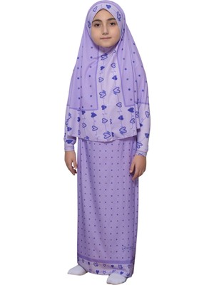Altobeh Çocuk Namaz Takımı Pratik Iki Parça Desenli Kollu Tak Çıkar Başörtülü Likralı Tesettür Elbise (6-12 Yaş) 901-0201