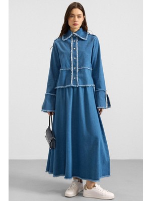 Olcay Püskül Detaylı Etek Ceket Denim Ikili Takım Mavi 9394-TK