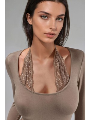 Hiccup Kadınlar Dantel Halter Yakalı Esnek Viskon Top Natural