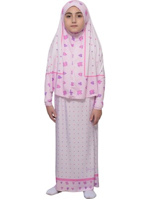 Altobeh Çocuk Namaz Takımı Pratik Iki Parça Desenli Kollu Tak Çıkar Başörtülü Likralı Tesettür Elbise (6-12 Yaş) 901-0201