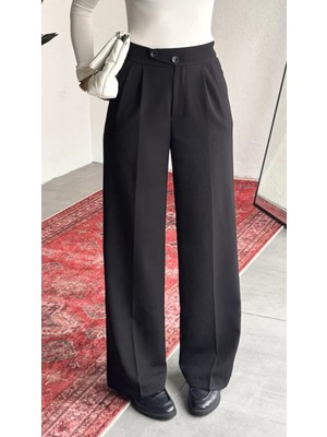 Asfa Moda Kadın Siyah Yüksek Bel Pileli Bol Paça Beli Lastikli Kore Model Kumaş Pantolon