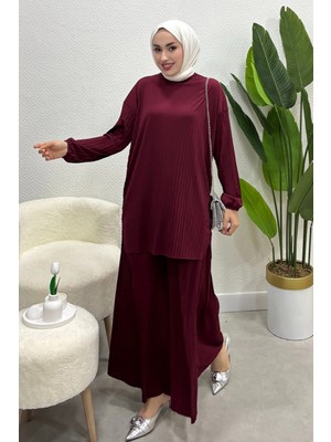 Tesettür Diyarı Yazlık Ince Sendy Kumaş Piliseli Tunik Pantolon Tesettür Takım- Bordo Standart Beden (38-44 Uyumludur)