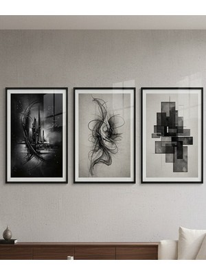 Safir Design Lüks Siyah ve Gri Dikey Çizgili Geometri 3lü Modern Çerçeveli Tablo Seti