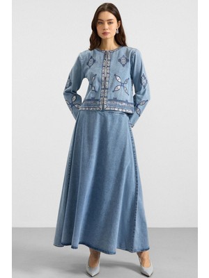 Olcay Pul ve Nakış Detaylı Etek Ceket Denim İkili Takım MAVİ 9388-TK