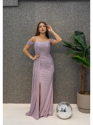 E&A Eren Abiye Lavanta Drapelı Yırtmaclı Sal Detaylı Balık Elbıse