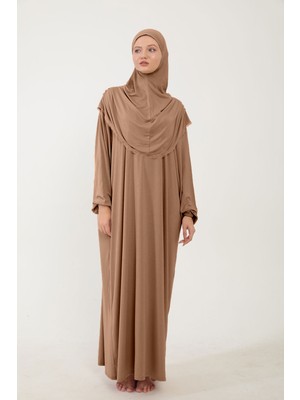 Sonbahar Moda Kadın Tesettür Pamuklu Başörtülü Namaz Elbisesi Dantelli Tek Parça Penye Kumaş