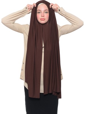 Altobeh Hazır Pratik Geçmeli Lüks Organik Düz Penye Şal Eşit Hizalı-Kahve Rengi