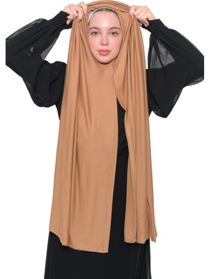 Altobeh Hazır Pratik Geçmeli Lüks Organik Düz Penye Şal Eşit Hizalı-Koyu Bej