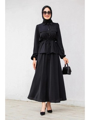 Tesettür Diyarı Belden Bağcıklı Etekli Sare Tesettür Takım- Siyah