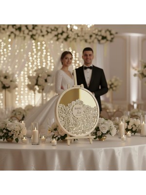 Evlilik Sepetim Düğün-Nişan Gold Aynalı Pleksi 50 cm Yuvarlak Misafir-Hatıra Anı Defteri-Kutusu + Şövale ve Kalem Hediyeli