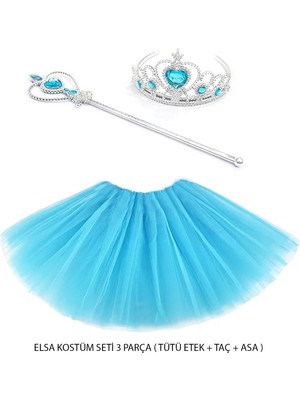 MERİVİA Mavi Prenses Elsa Kostüm Seti 3 Parça (Tütü Etek + Taç + Asa ) (5405)