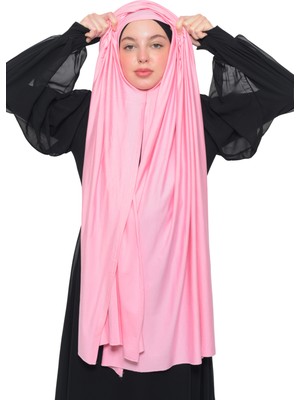 Altobeh Hazır Pratik Geçmeli Lüks Organik Düz Penye Şal Eşit Hizalı-Açık Pembe