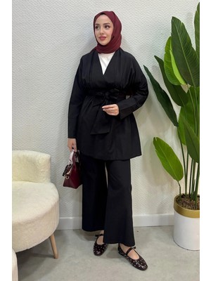 Tesettür Diyarı Yazlık Kumaş Beli Kuşak Detaylı Alt Üst Tesettür Takım- Siyah