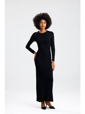 Rose Arya Siyah Uzun Kol Düz Uzun Elbise