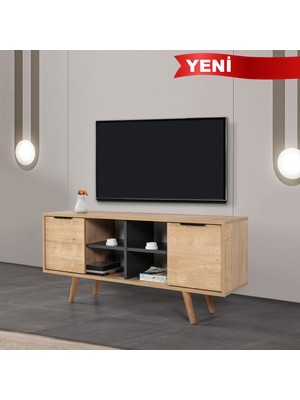 EVMO Home Sina 130 Cm Ahşap Ayaklı Metal Kulplu Açık Raflı TV Ünitesi ve Sehpası Safir-Antrasit 3319
