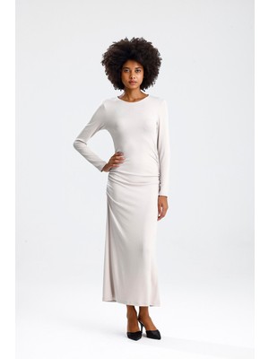 Rose Arya Taş Uzun Kol Yanı Büzgülü Uzun Elbise