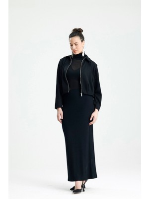 Rose Arya Siyah Uzun Yırtmaçlı Düz Etek