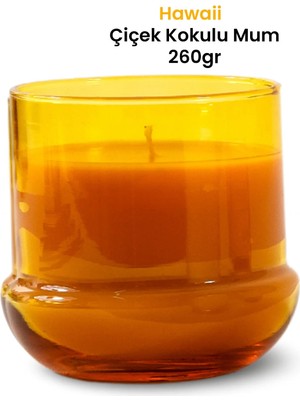 Marrien Hawai Beyaz Çiçek Kokulu Mum 260 g –Mantar Desenli Şeffaf Sarı Bardak