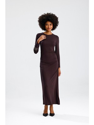 Rose Arya Kahve Uzun Kol Yanı Büzgülü Uzun Elbise