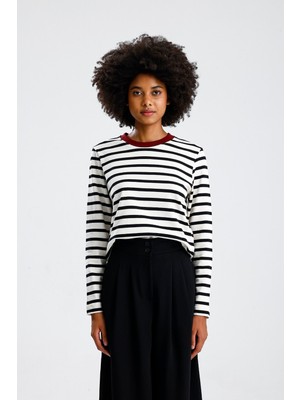 Rose Arya Bordo Yaka Siyah Çizgili Uzun Kol Tshirt