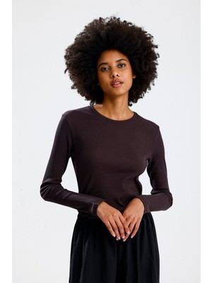 Rose Arya Kahve Uzun Kol Basic Tshirt