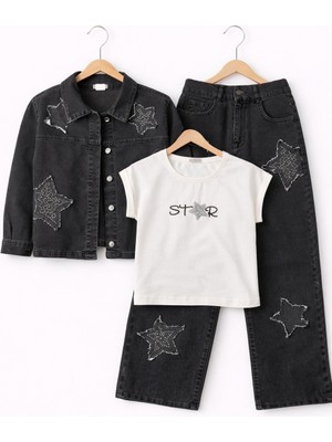 Bambino Yıldız Detaylı Kız Çocuk Kot Ceketli Üçlü Takım